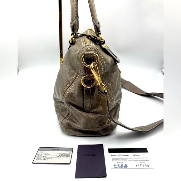 Auth PRADA Vitello Shine Bauletto Leather Tote Bag in Pomice Preloved Very Good - Picture 10 of 15